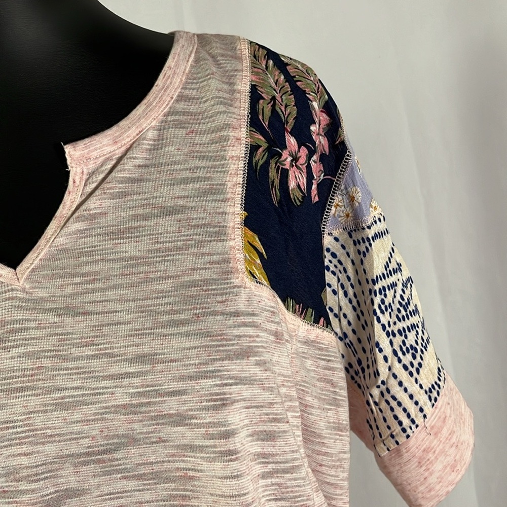 Kori Pink Space Dyed Patchwork Split Neck Oversized Short Sleeve Top - Picture 5 of 16